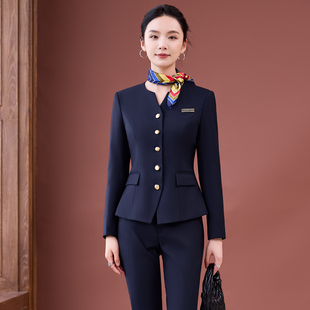 西装套装女秋冬天无领多扣高端气质职业酒店珠宝店医美前台工作服
