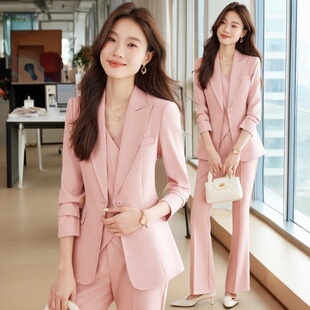 粉色高级感西装马甲套装女秋冬喇叭裤职业装厚款正装主持人工作服