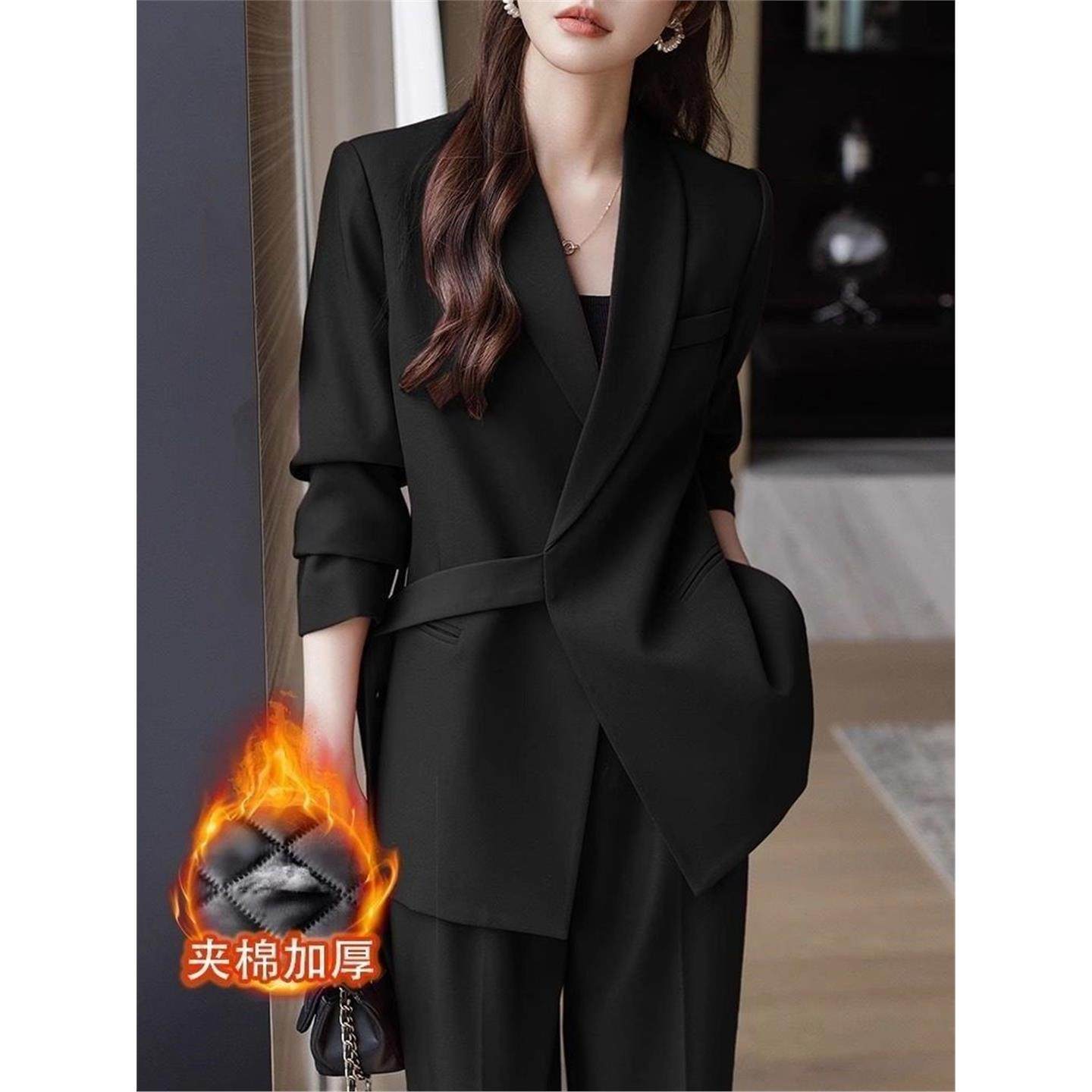 加厚夹棉冬季黑色保暖西装厚款气质绑带外套秋冬天女气质女神套装