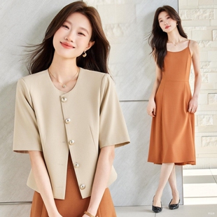 轻奢小香风小个子高端西装外套女夏薄款休闲短款气质连衣裙两件套