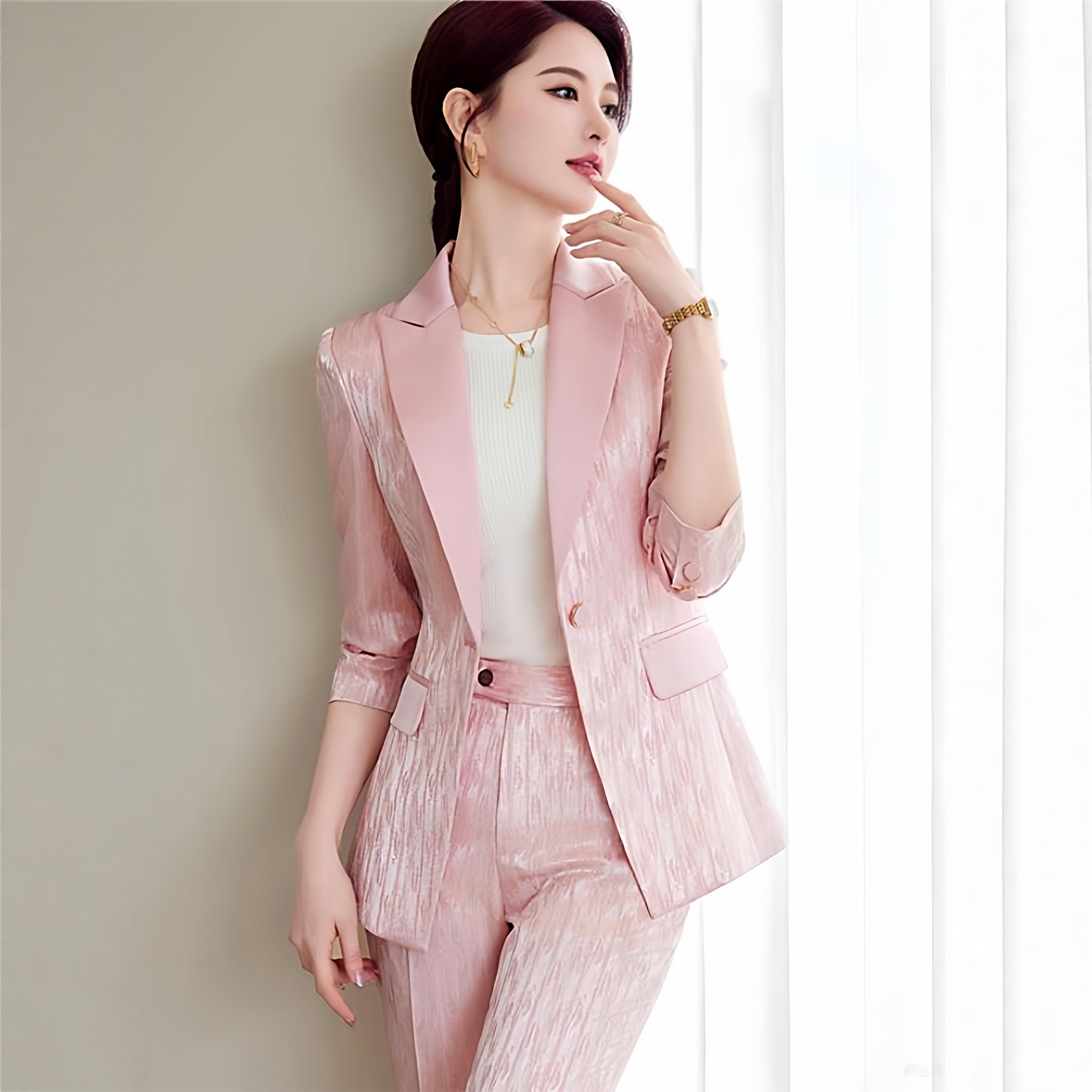 粉色西装套装女春秋主持人正肩收腰炸街正装韩版休闲职业西服外套
