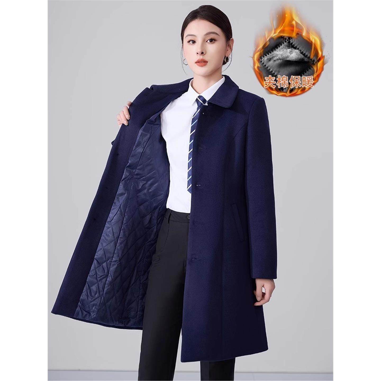 毛呢保暖中长款呢子西装大衣外套夹棉女银行职业加厚藏青色工作服