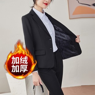 工作服职业气质女秋冬西装套装冬天加绒加厚酒店前台接待高端正装