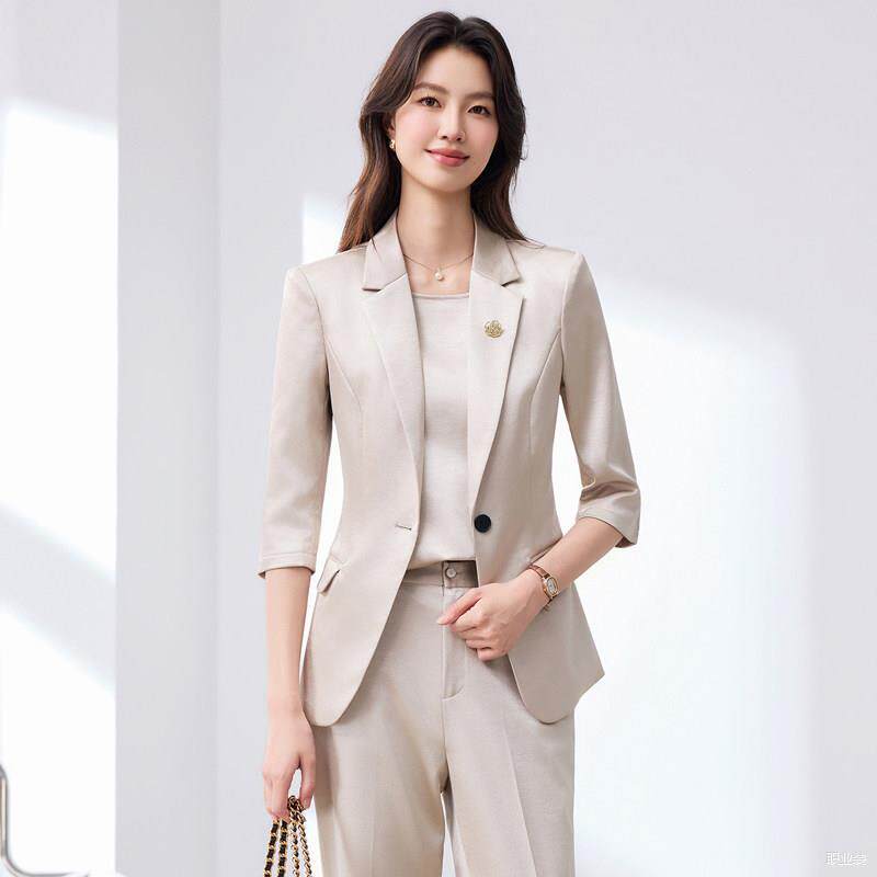 杏色高级感醋酸缎面职业女春夏中袖气质收腰OL通勤小西服西装套装