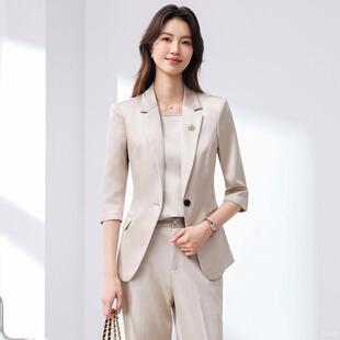杏色高级感醋酸缎面职业女春夏中袖气质收腰OL通勤小西服西装套装