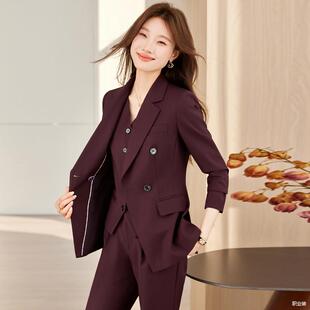安哥拉红西装外套女双排扣春秋高端气质马甲正装西装背心三件套装