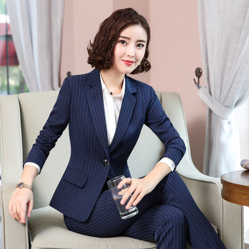 西装套装女春秋季职业女神风接待蓝色条纹气质长袖酒店前台工作服