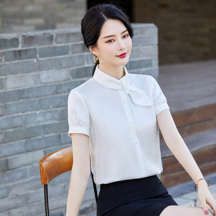 衬衣女夏季白色短袖美容院收腰洋气衬衫气质修身显瘦工作服职业装