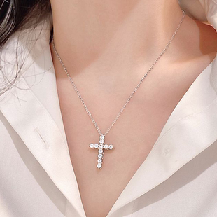 十字架莫桑石项链S925银镀白金材质镶嵌满钻吊坠高级简约小众潮流
