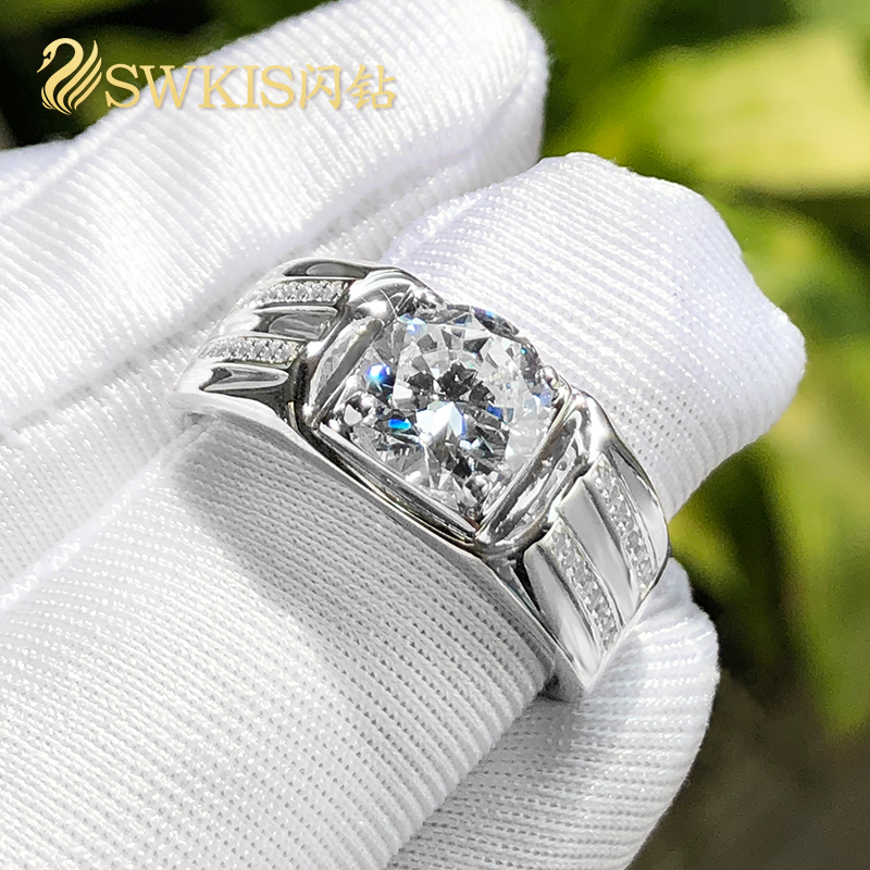 镶钻霸气男士戒指纯银镀白金潮