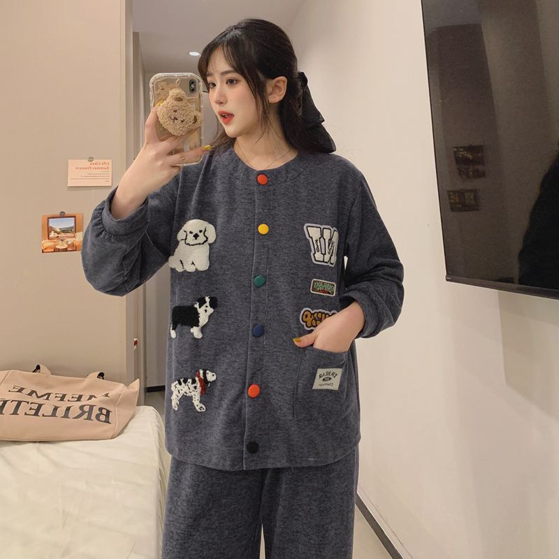 秋冬加绒外穿保暖睡衣家居服套装