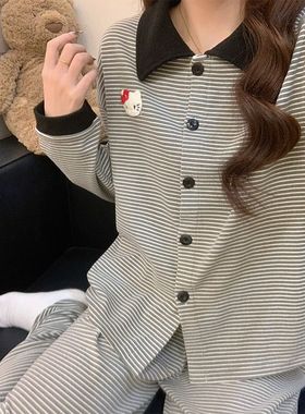 网图韩系新款冬季羊绒德绒带胸垫条纹KT猫恒温保暖家居服休闲套装