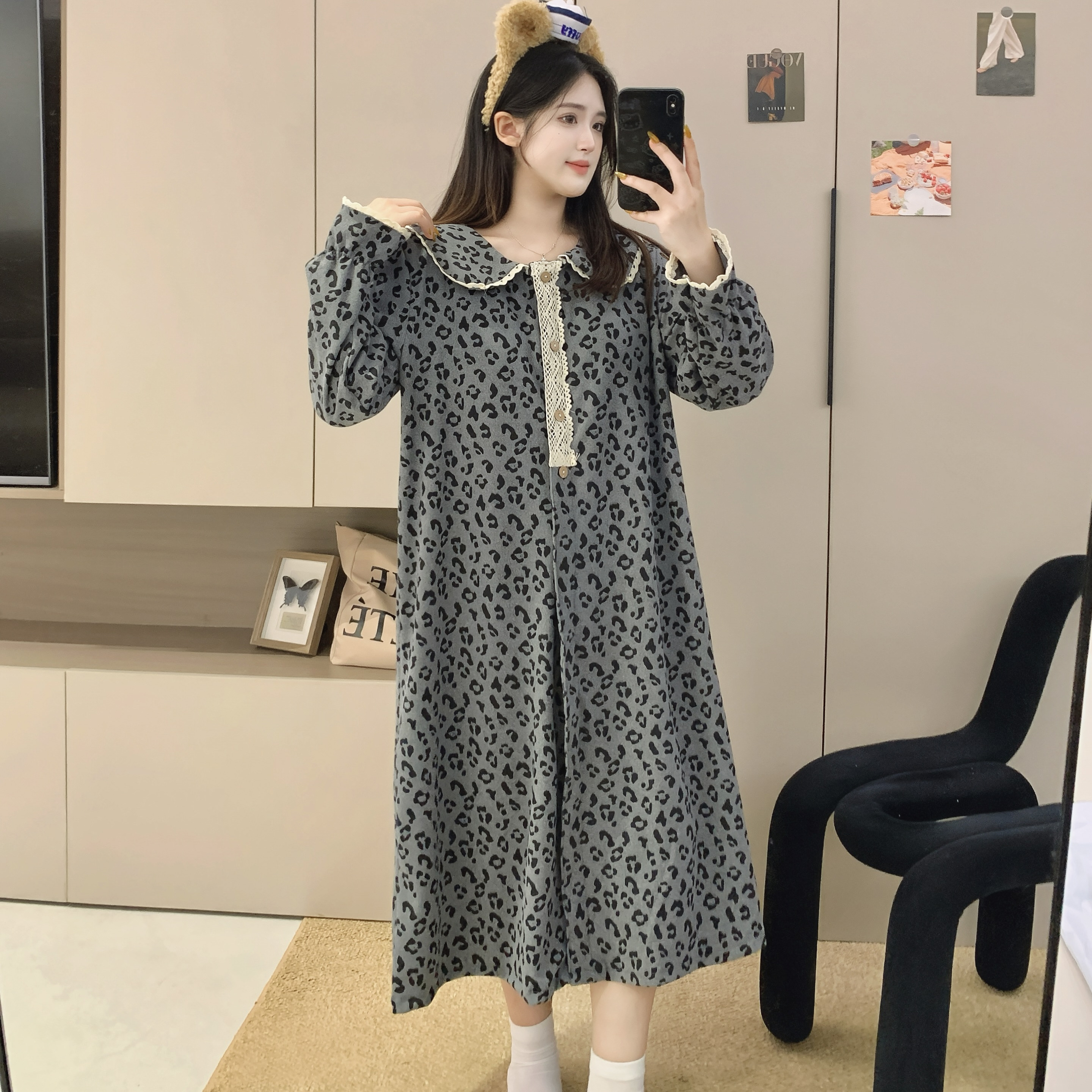 德绒带胸垫睡裙秋冬季长袖甜美睡衣公主可爱可外长款睡裙过膝