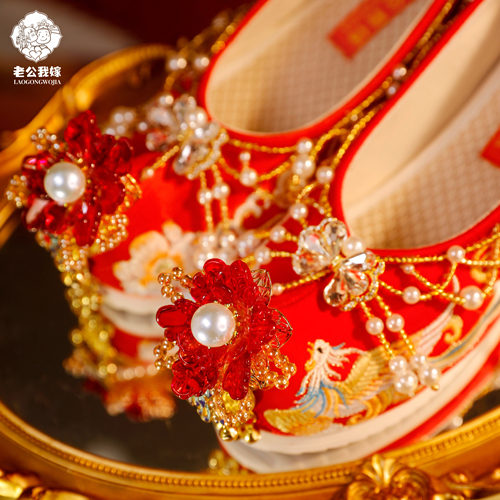 吉祥如意 原创汉服鞋子秀禾服婚鞋中式手工内增高手工刺绣新娘鞋