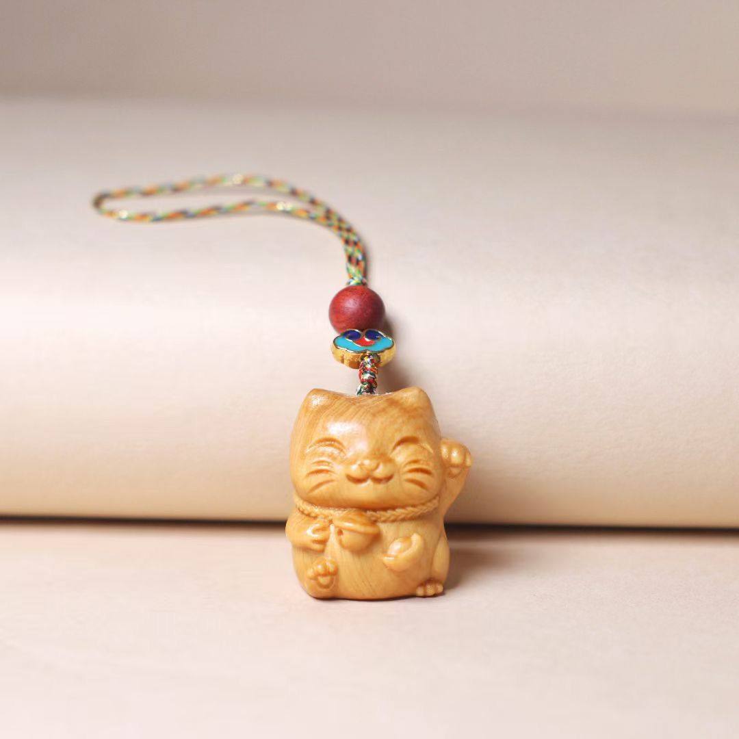 崖柏木雕招财猫钻石熊手机挂件钥匙扣挂饰链女情侣创意小礼品