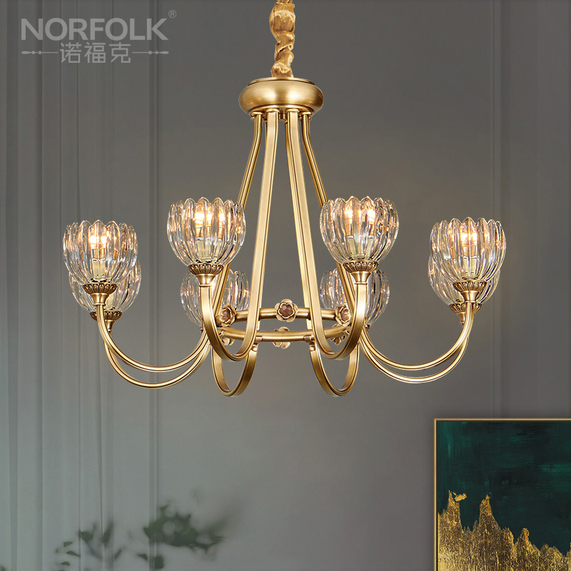 现代美式简约轻奢客厅灯卧室简美全铜吊灯房间法式艺术个性铜灯饰