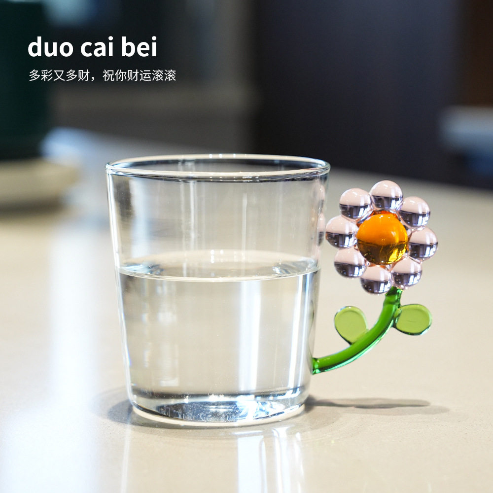 创意彩色花朵把手透明玻璃杯子家用果汁饮料鸡尾酒杯香槟葡萄酒杯