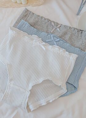 3条装小清新少女内裤中腰棉木耳边蝴蝶结螺纹学生三角纯色