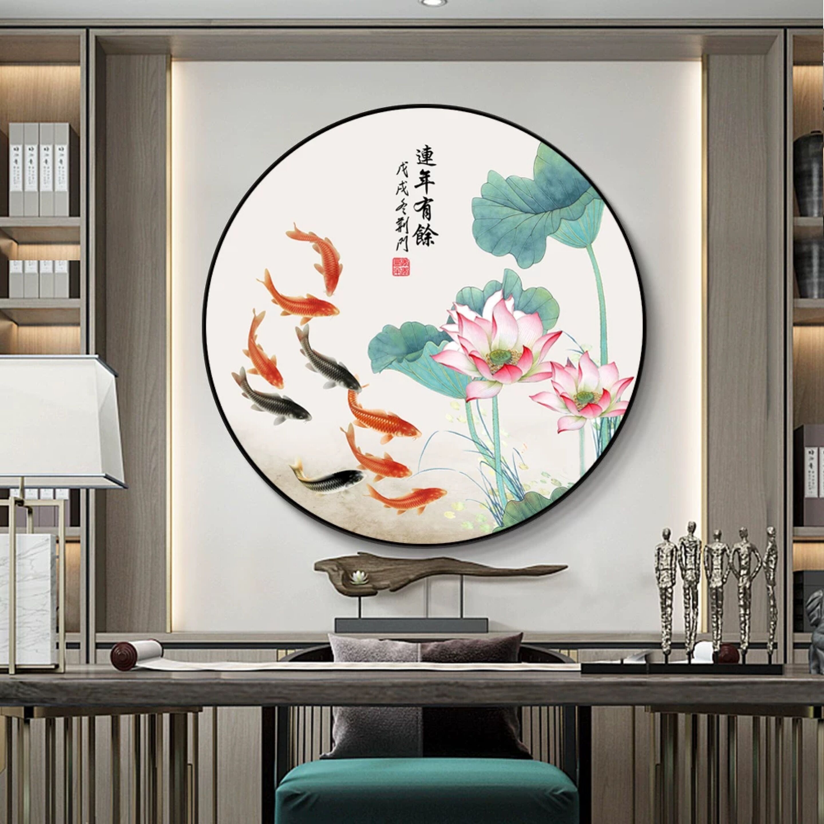 九鱼图玄关装饰画现代简约有框画轻奢餐厅挂画新中式走廊圆形壁画