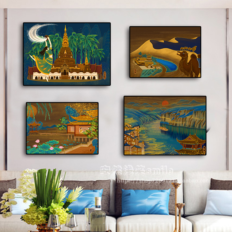 敦煌飞天仙女挂画客厅玄关装饰画仕女图壁画酒店大厅画茶室四联画