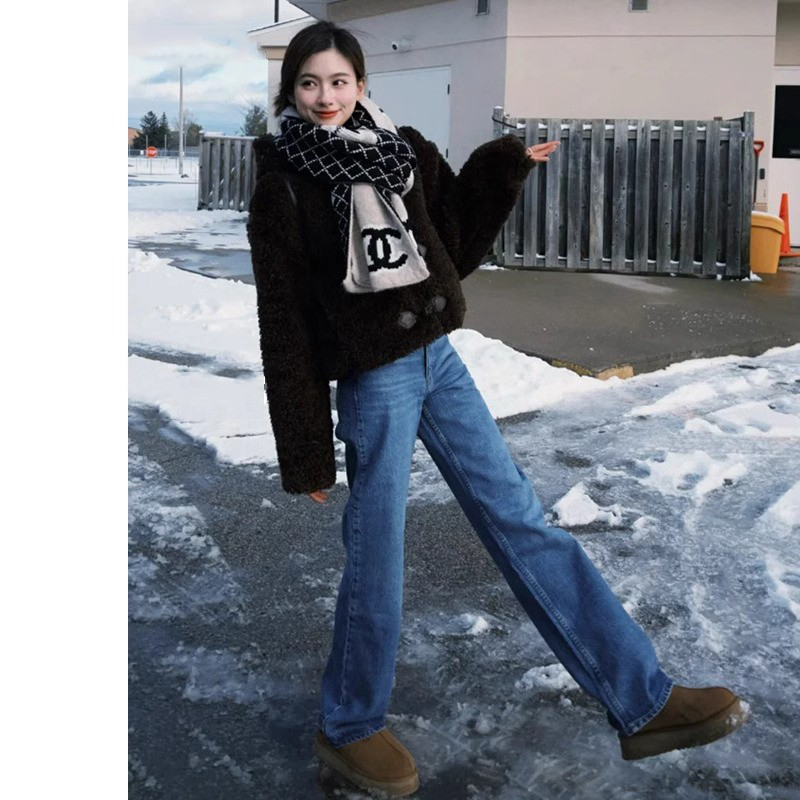 加绒窄版复古阔腿牛仔裤女