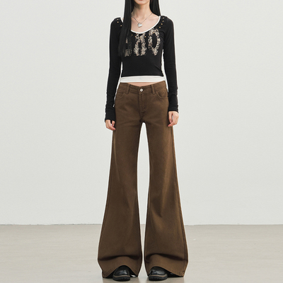 棕咖色微喇牛仔裤女2025年秋冬