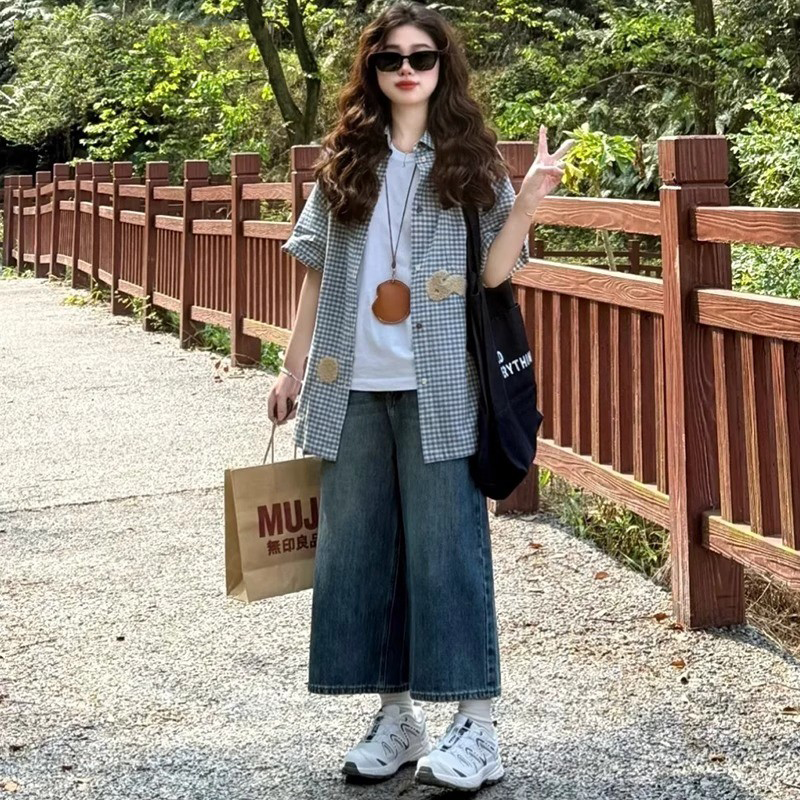 美式复古七分牛仔裤女2025夏季新款高腰宽松显瘦百搭时尚阔腿短裤