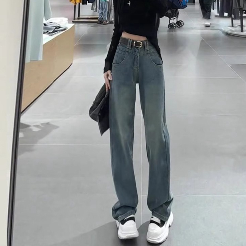 复古蓝窄版阔腿裤直筒牛仔裤女