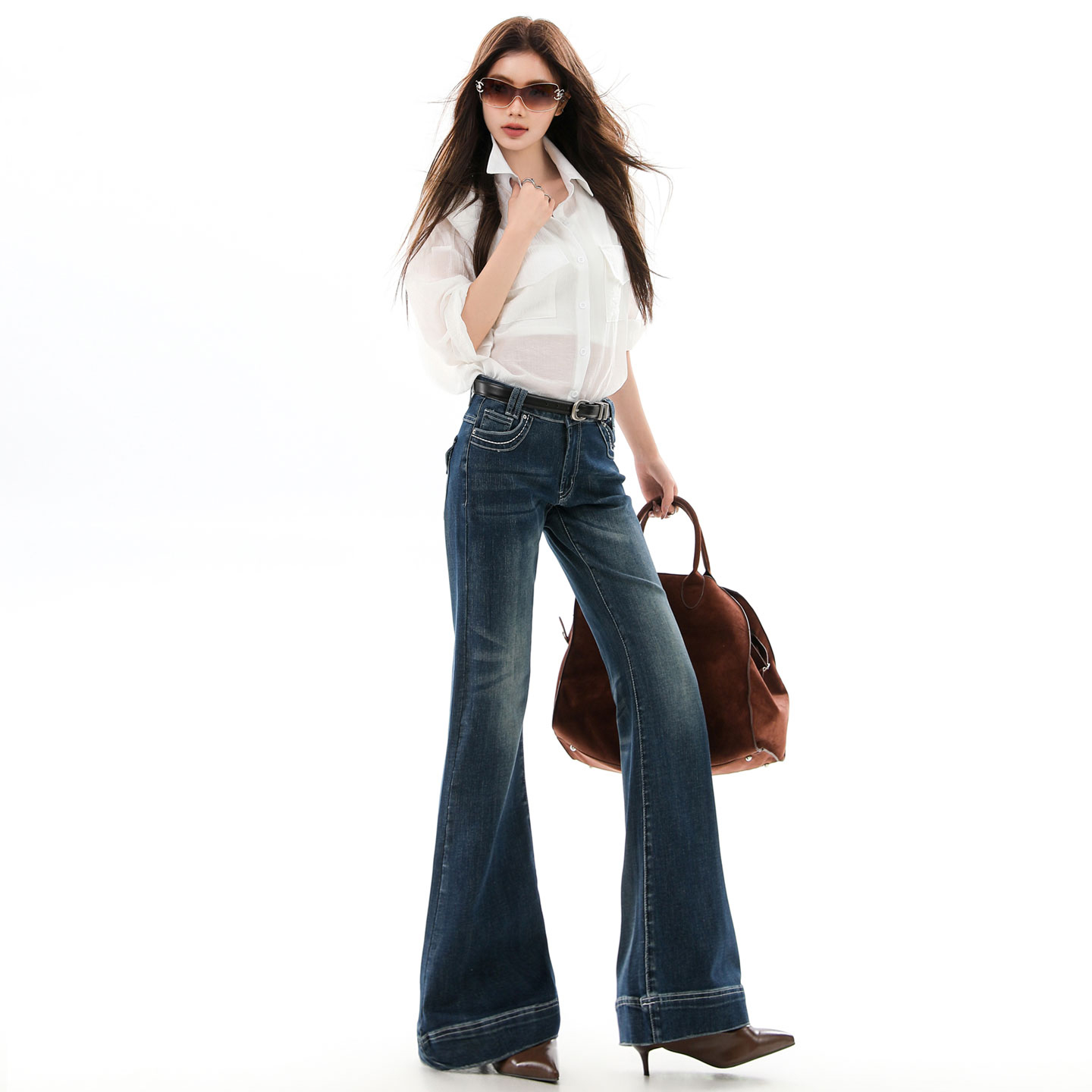 美式辣妹加绒设计感微喇叭裤