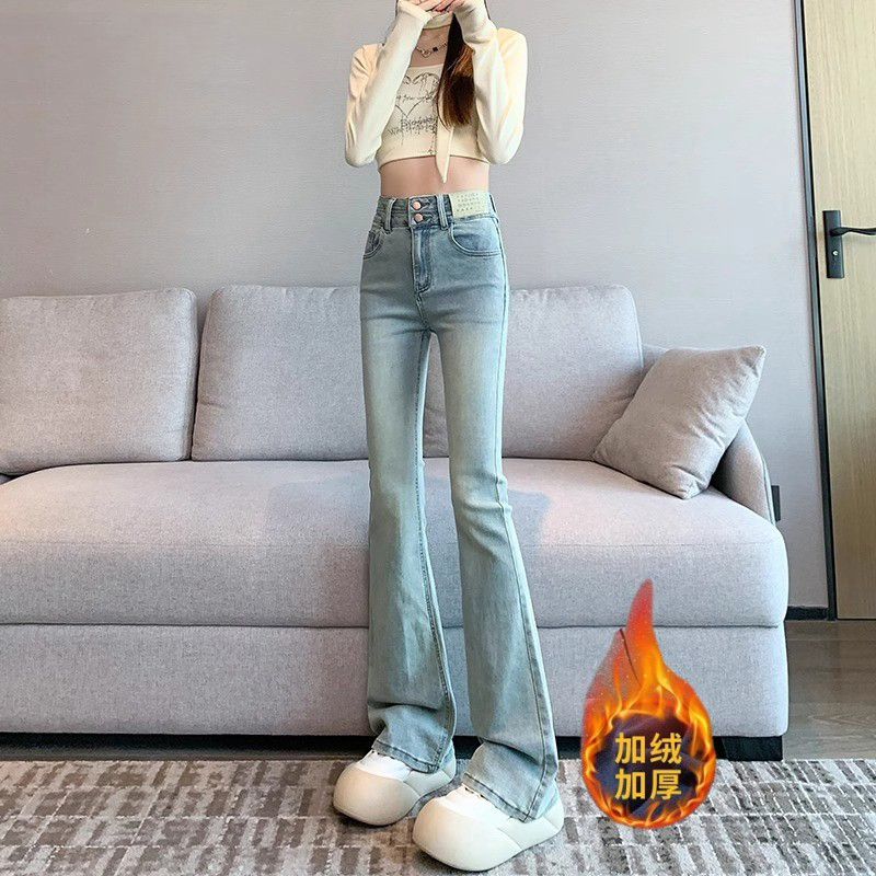浅色微喇牛仔裤女加绒马蹄喇叭裤
