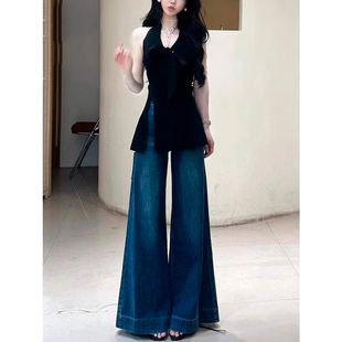 复古大阔腿牛仔裤女秋季2025年高腰宽松垂感A版不贴腿喇叭拖地裤