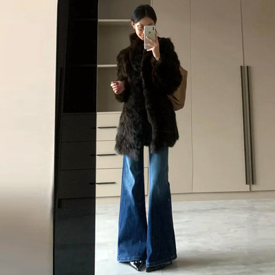 加绒加厚宽松微喇牛仔裤女