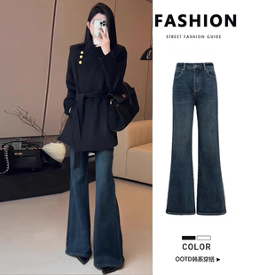 深蓝色复古牛仔裤女2025新款冬季加绒小个子高腰修身显瘦微喇叭裤