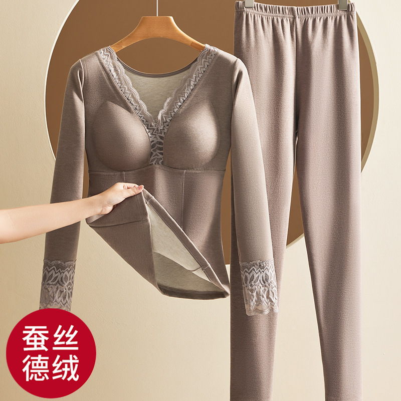 羊绒蚕丝发热保暖内衣女士套装加绒加厚带胸垫秋衣秋裤打底衫冬季