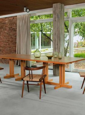 设计师款原木风餐桌家用餐厅咖啡店中古风设计感纯实木长餐桌子