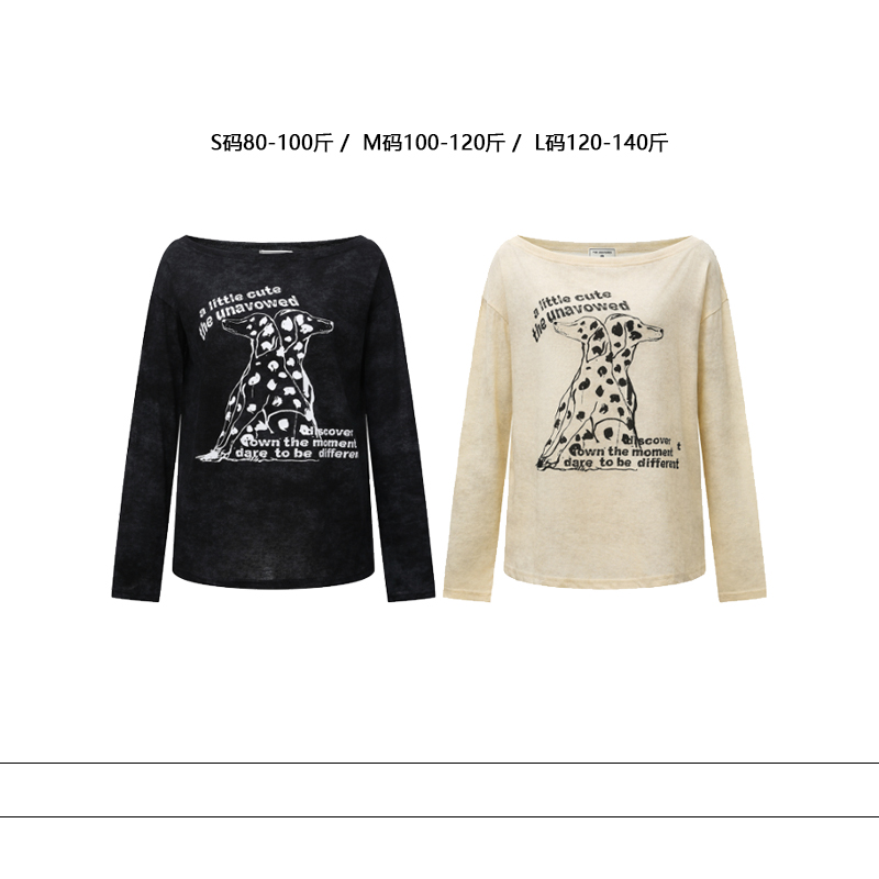 从未定义 街头宽松慵懒风斑点狗印花斜肩长袖T恤女宽松透气上衣