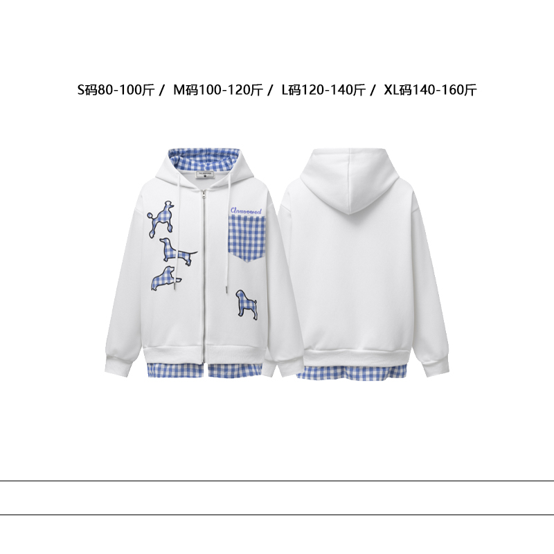 从未定义 简约休闲风格纹小狗刺绣连帽卫衣宽松慵懒开衫情侣外套