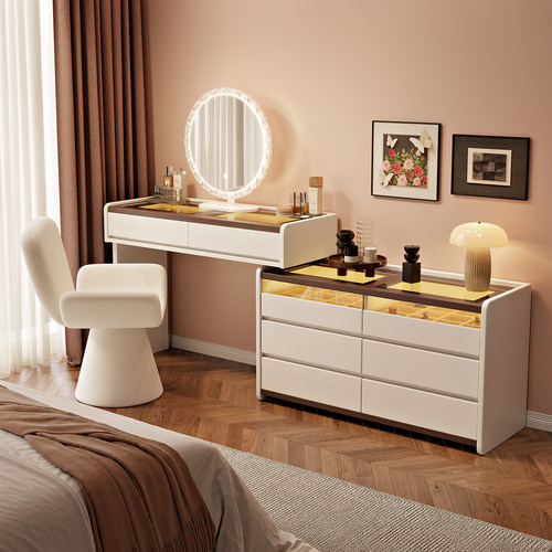 奶油风化妆桌国家补贴新款主卧梳妆台高级斗柜实木收纳一体化妆台