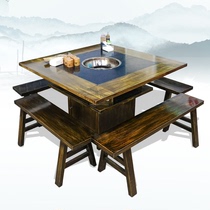 火鍋桌椅組合商用燃氣灶電磁爐一體桌子飯店餐館用大理石開洞圓桌