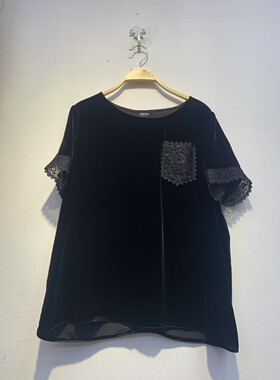保真真丝丝绒重工刺绣女士圆领短袖上衣现货XL其他码咨询客服