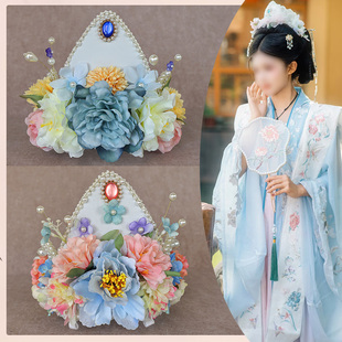 宋制簪花冠仙气绢花古风唐宋妆造演出整顶假发套发饰珍珠莲花发冠