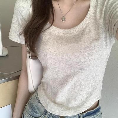 纯棉T恤女爆款白灰色U领显瘦短款