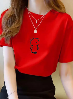 2025年夏季东大门新款宽松上衣韩版纯棉短袖t恤女显瘦红色体恤衫