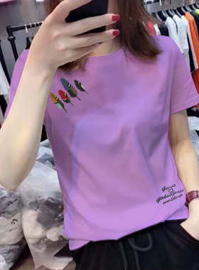 紫色纯棉雏菊半袖上衣2025洋气新款字母羽毛短袖t恤女夏季圆领T恤