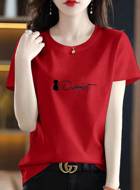 2025年显瘦纯棉宽松红色上衣韩版时尚短袖t恤女夏季半袖洋气T恤衫