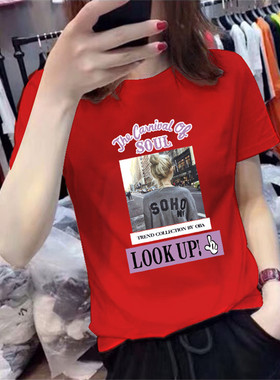 红色纯棉短袖t恤女2025早春新款字母宽松上衣潮chic夏装半袖体恤