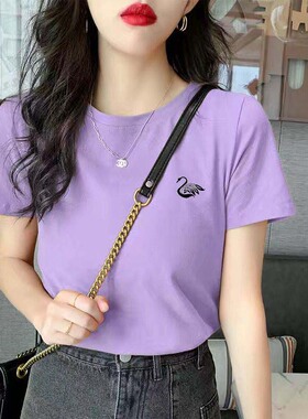 2025新款紫色宽松上衣洋气百搭夏季纯棉短袖t恤女ins超火半袖体恤