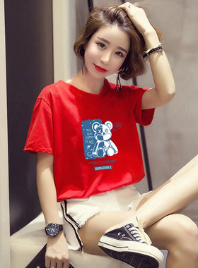 潮ins红色宽松上衣2025年韩版纯棉短袖t恤女夏装百搭显瘦时尚体恤