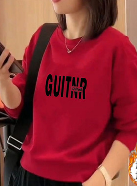 东大门新款显瘦加绒卫衣女秋冬红色加厚小众保暖上衣ins宽松T恤衫