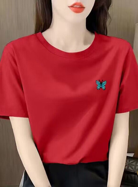 夏季纯棉短袖t恤女2025年韩版宽松上衣ins显瘦百搭半袖红色体恤衫
